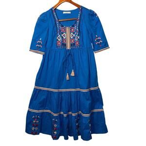 eShakti Wayward Fancies Floral Embroidery Bue Cotton Dress xs